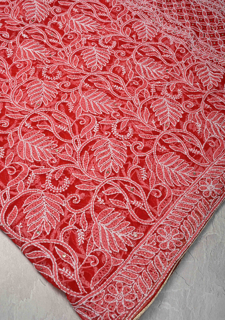 Red Authentic Hand-Embroidered Full Jaal Chikankari Georgette Saree with Mukeish work