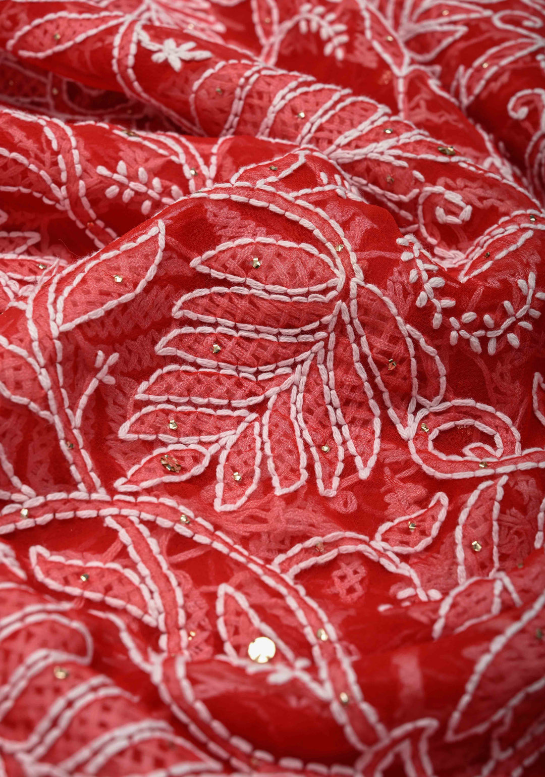 Red Authentic Hand-Embroidered Full Jaal Chikankari Georgette Saree with Mukeish work