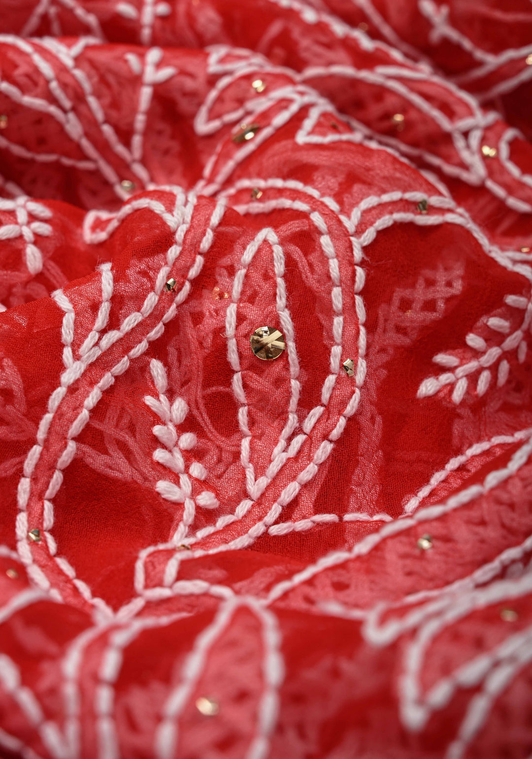 Red Authentic Hand-Embroidered Full Jaal Chikankari Georgette Saree with Mukeish work