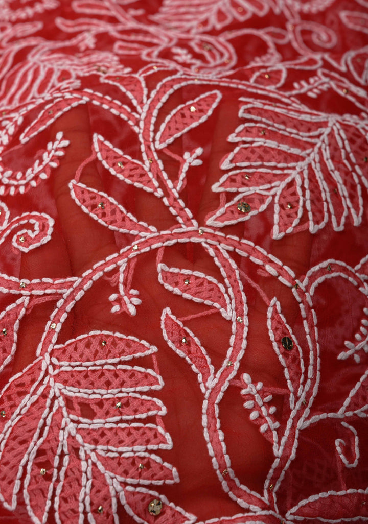 Red Authentic Hand-Embroidered Full Jaal Chikankari Georgette Saree with Mukeish work