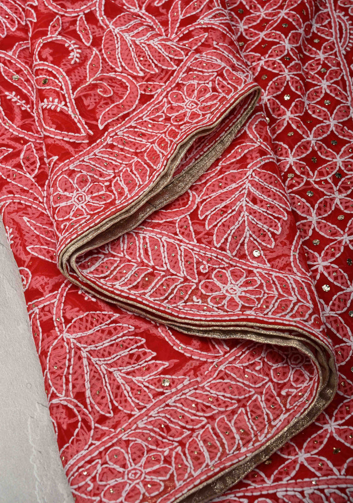 Red Authentic Hand-Embroidered Full Jaal Chikankari Georgette Saree with Mukeish work