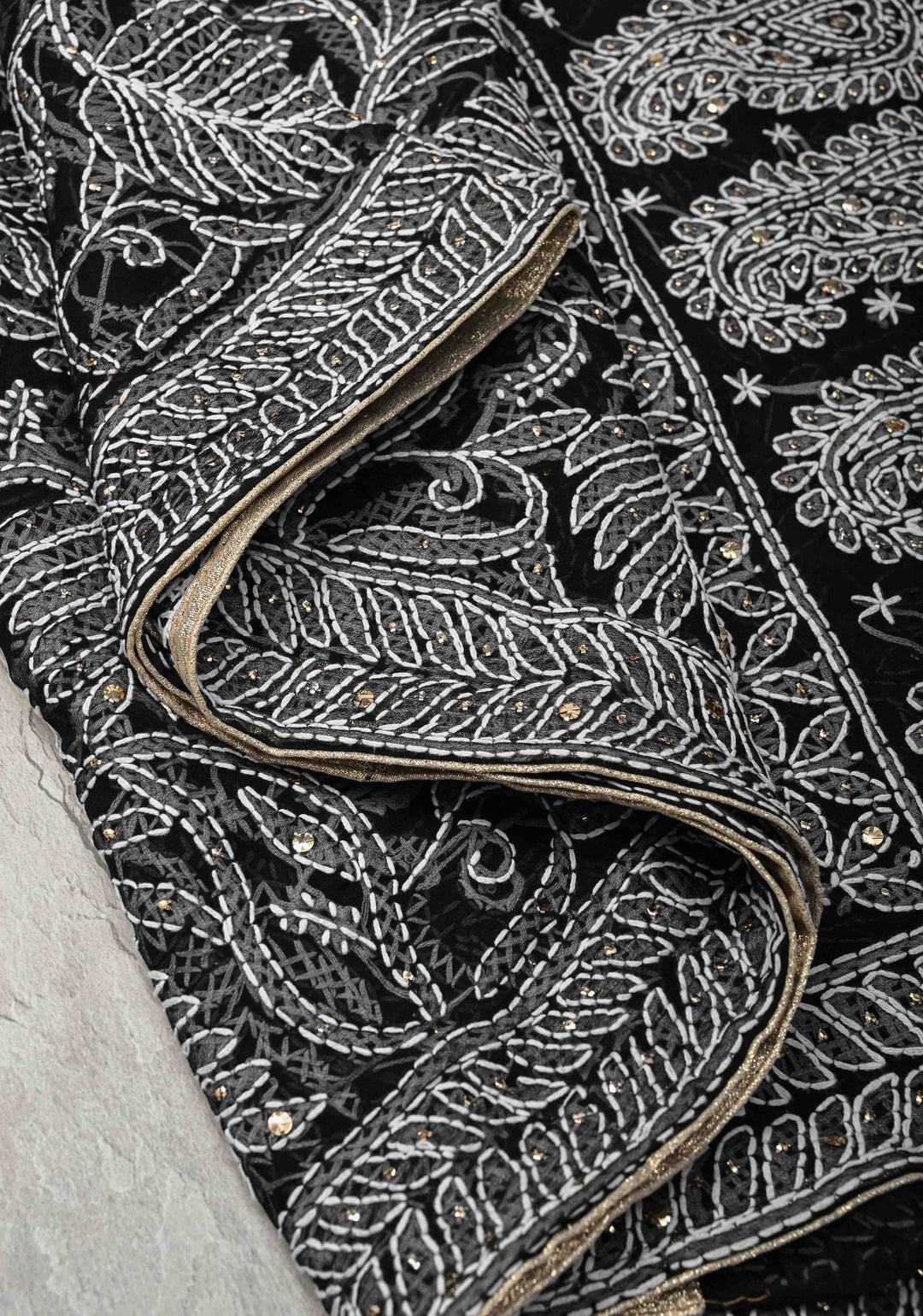 Black Authentic Hand-Embroidered Full Jaal Chikankari Georgette Saree with Mukeish work