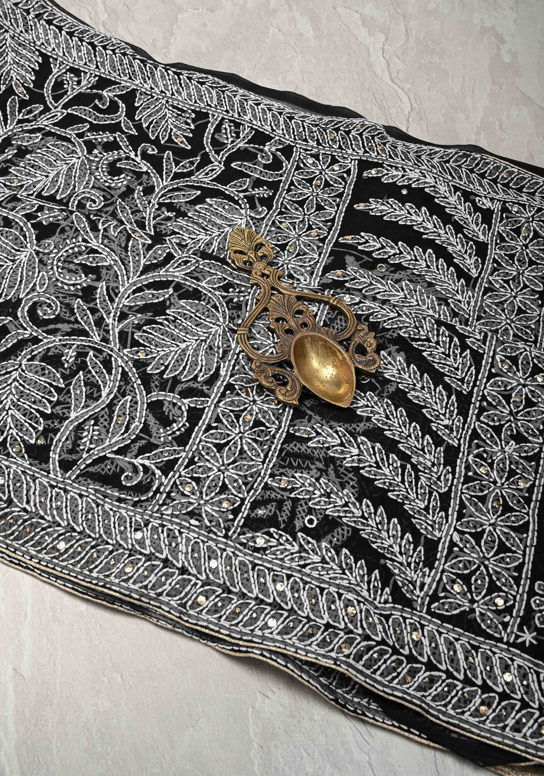 Black Authentic Hand-Embroidered Full Jaal Chikankari Georgette Saree with Mukeish work