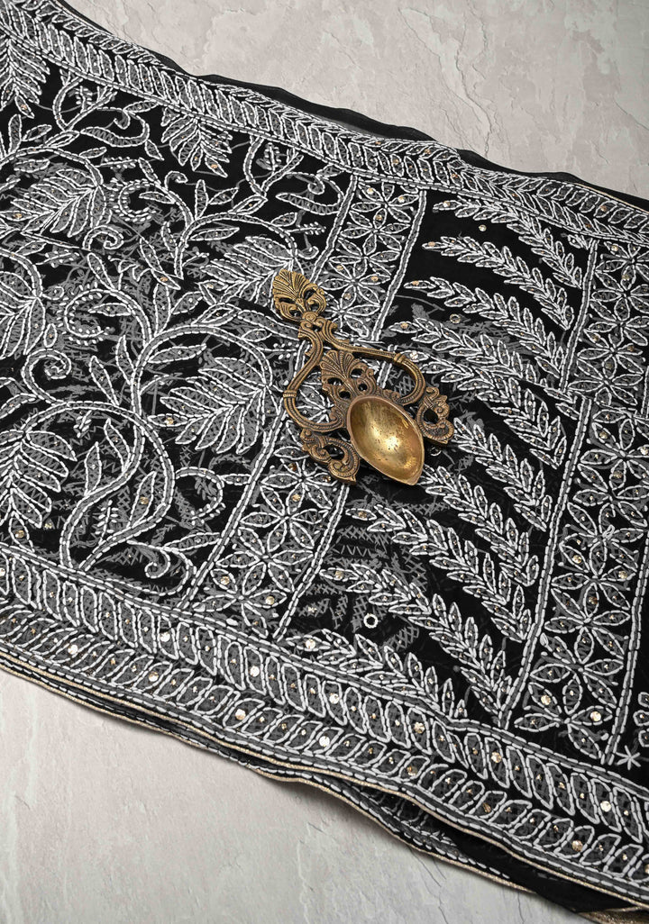 Black Authentic Hand-Embroidered Full Jaal Chikankari Georgette Saree with Mukeish work