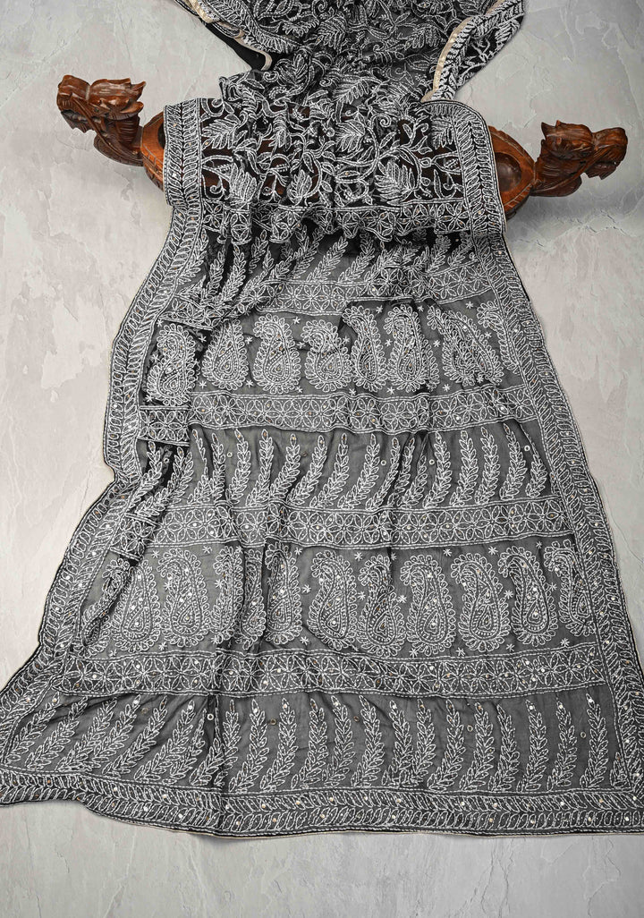 Black Authentic Hand-Embroidered Full Jaal Chikankari Georgette Saree with Mukeish work