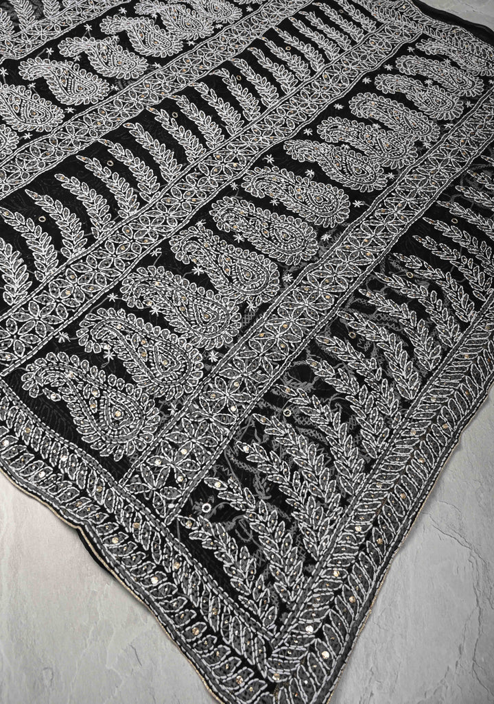 Black Authentic Hand-Embroidered Full Jaal Chikankari Georgette Saree with Mukeish work