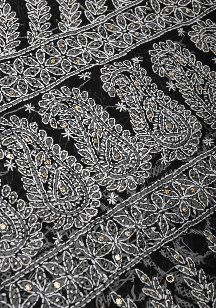 Black Authentic Hand-Embroidered Full Jaal Chikankari Georgette Saree with Mukeish work