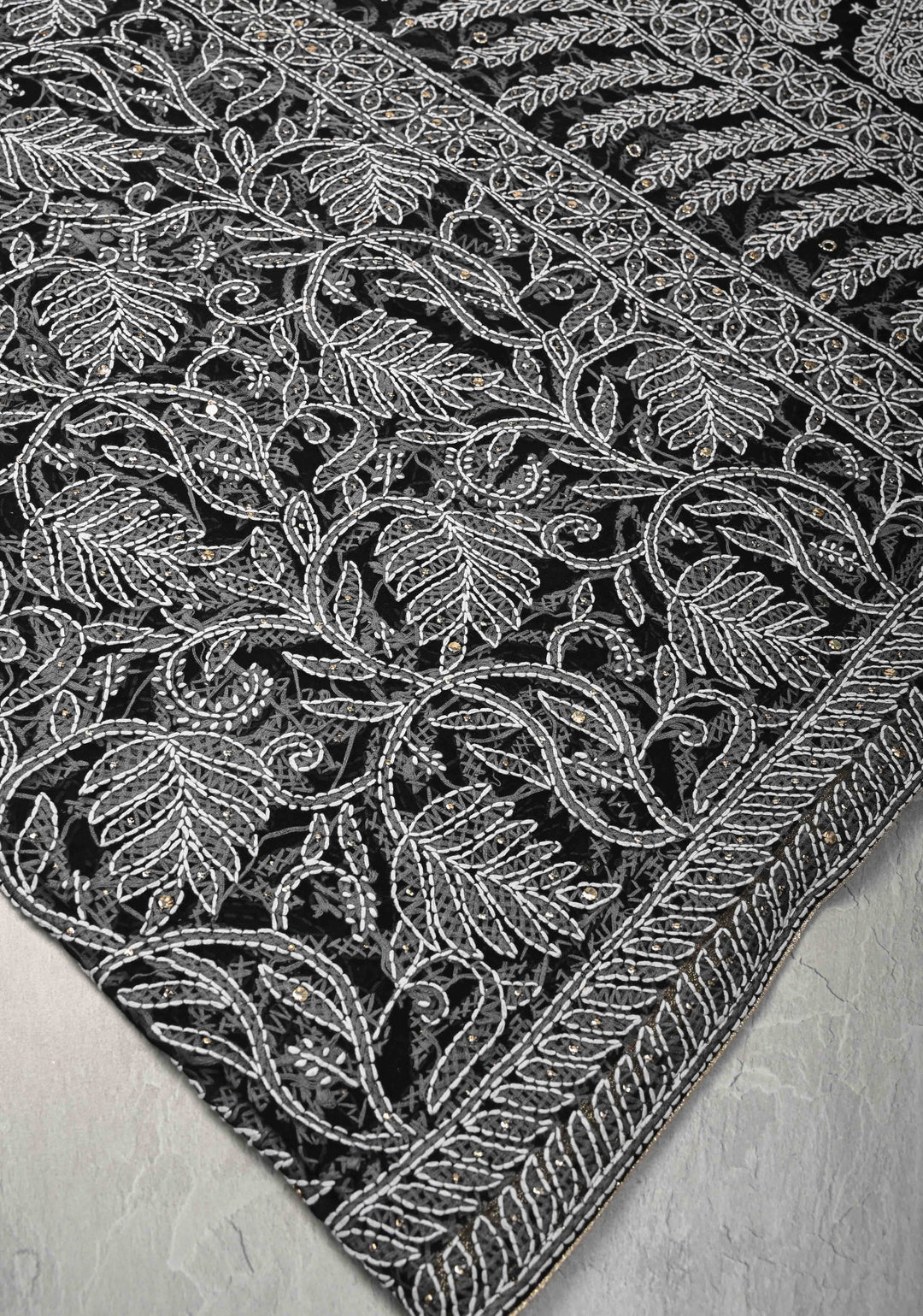 Black Authentic Hand-Embroidered Full Jaal Chikankari Georgette Saree with Mukeish work