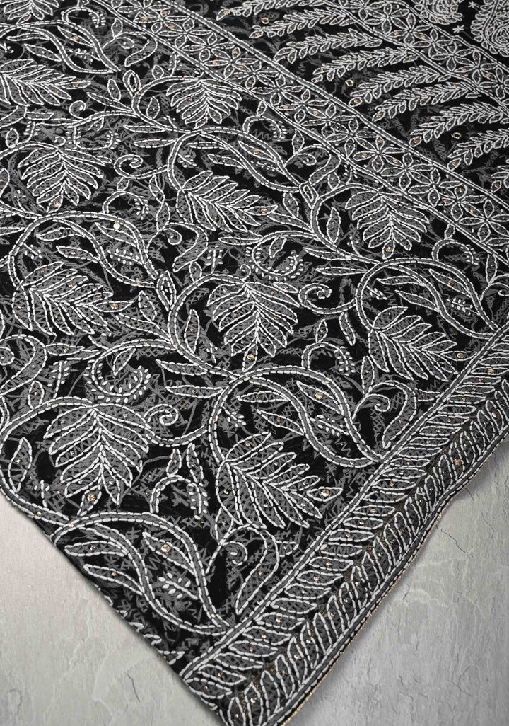 Black Authentic Hand-Embroidered Full Jaal Chikankari Georgette Saree with Mukeish work