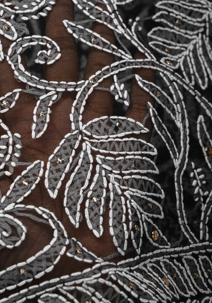 Black Authentic Hand-Embroidered Full Jaal Chikankari Georgette Saree with Mukeish work