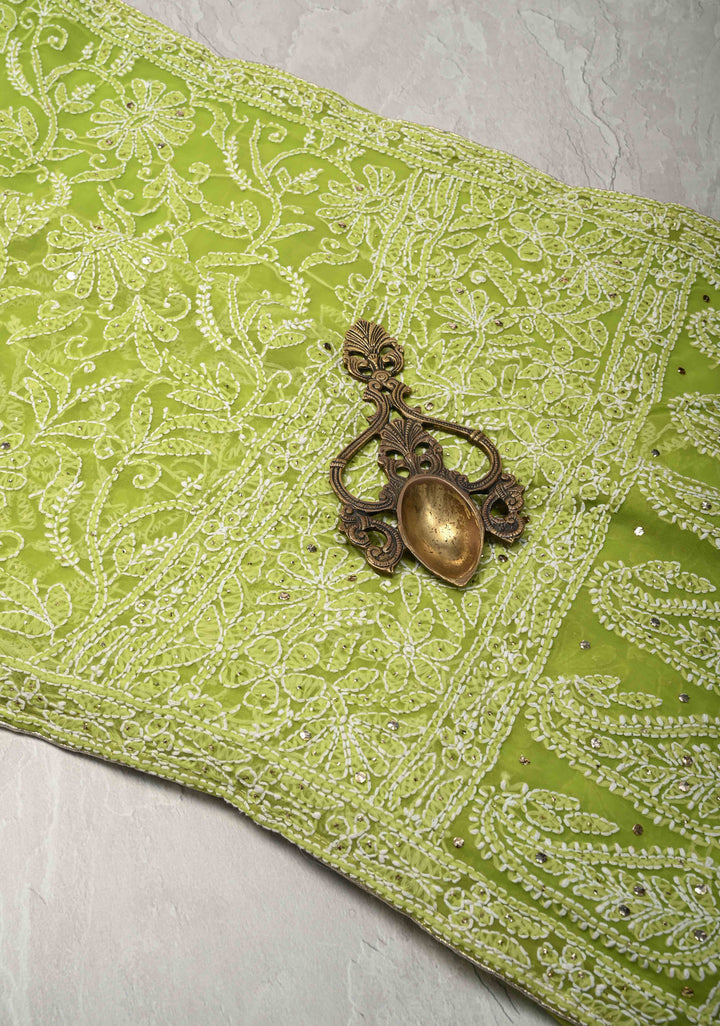 Light Olive Authentic Hand-Embroidered Full Jaal Chikankari Georgette Saree with Mukeish work