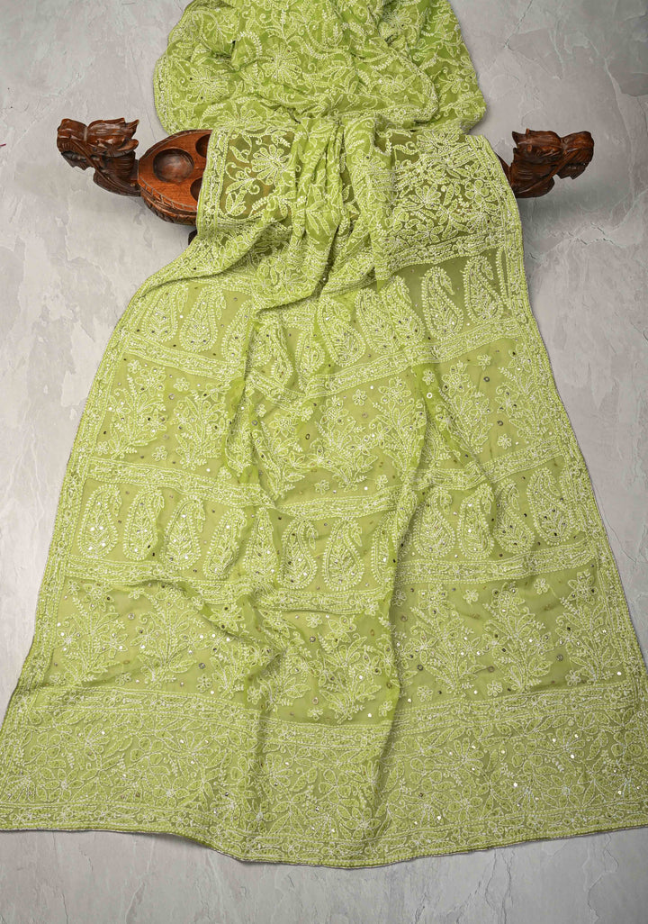Light Olive Authentic Hand-Embroidered Full Jaal Chikankari Georgette Saree with Mukeish work