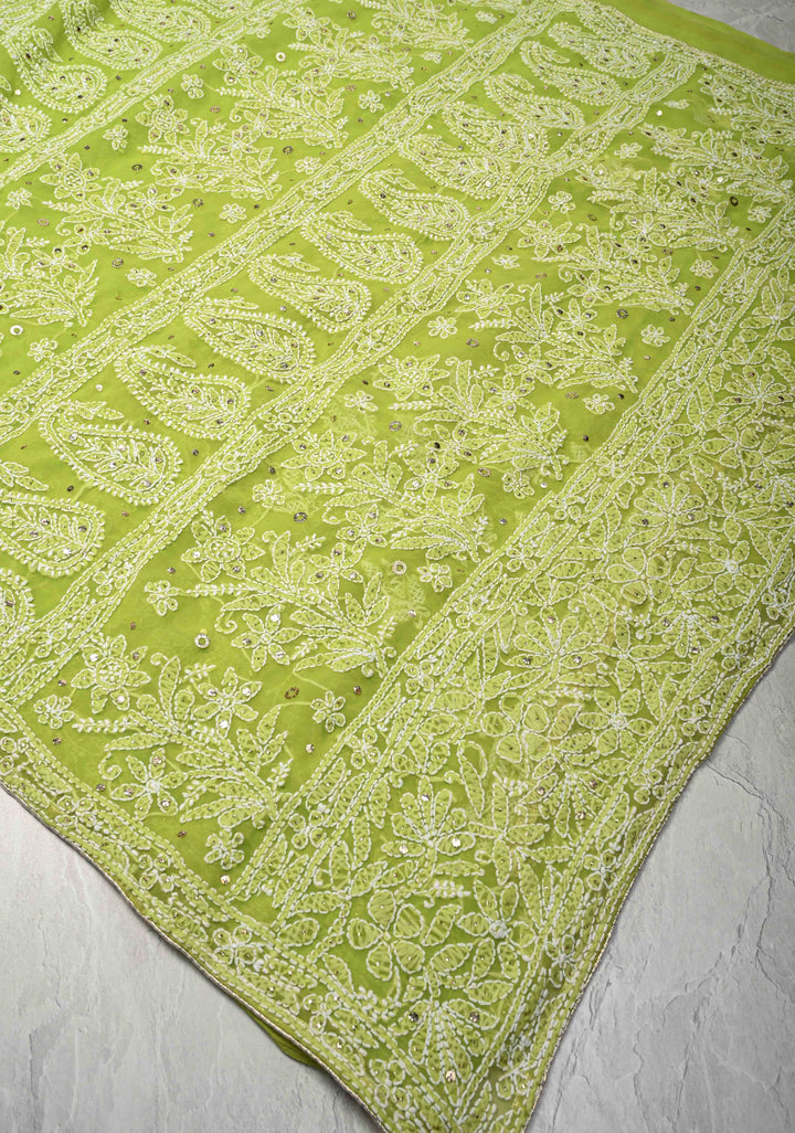 Light Olive Authentic Hand-Embroidered Full Jaal Chikankari Georgette Saree with Mukeish work