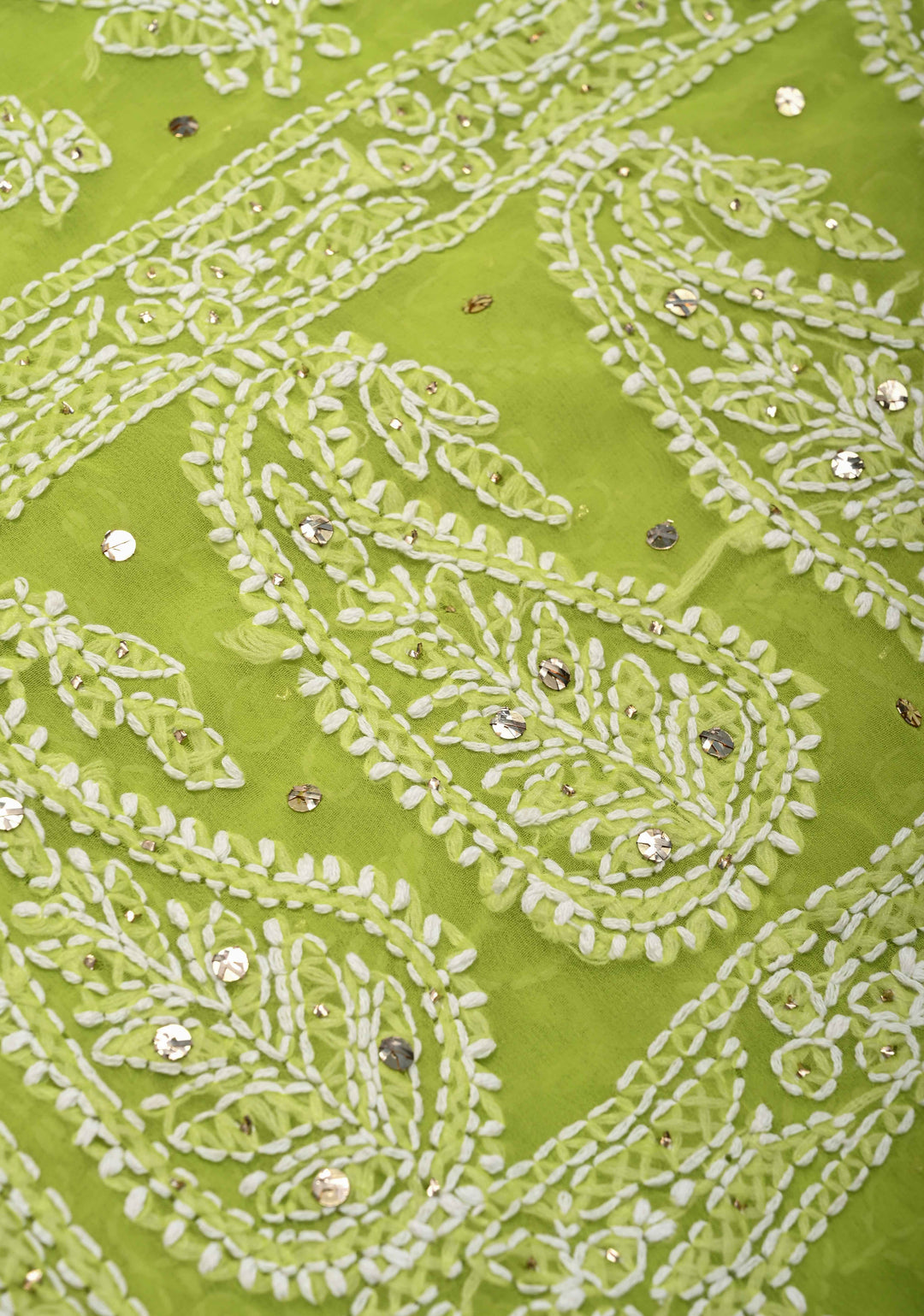 Light Olive Authentic Hand-Embroidered Full Jaal Chikankari Georgette Saree with Mukeish work