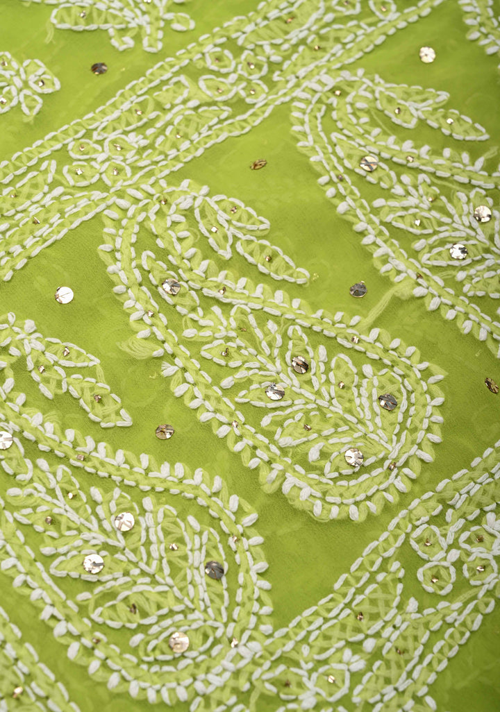 Light Olive Authentic Hand-Embroidered Full Jaal Chikankari Georgette Saree with Mukeish work