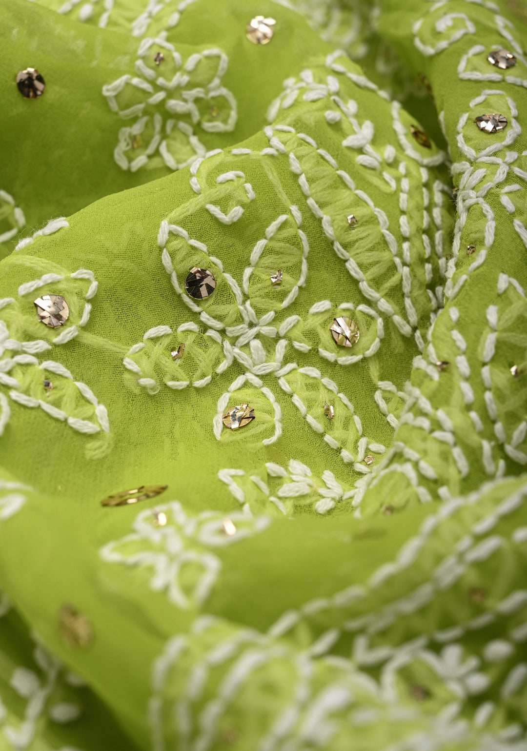 Light Olive Authentic Hand-Embroidered Full Jaal Chikankari Georgette Saree with Mukeish work