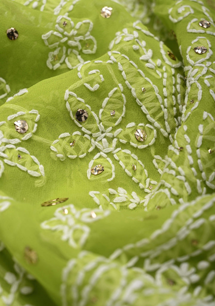 Light Olive Authentic Hand-Embroidered Full Jaal Chikankari Georgette Saree with Mukeish work