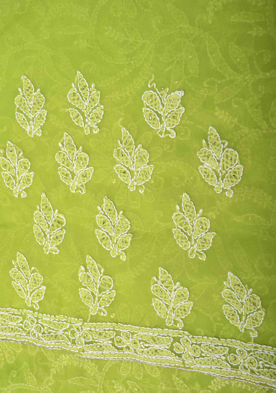 Light Olive Authentic Hand-Embroidered Full Jaal Chikankari Georgette Saree with Mukeish work
