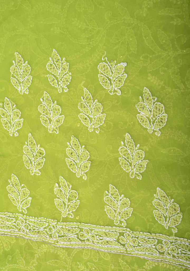 Light Olive Authentic Hand-Embroidered Full Jaal Chikankari Georgette Saree with Mukeish work