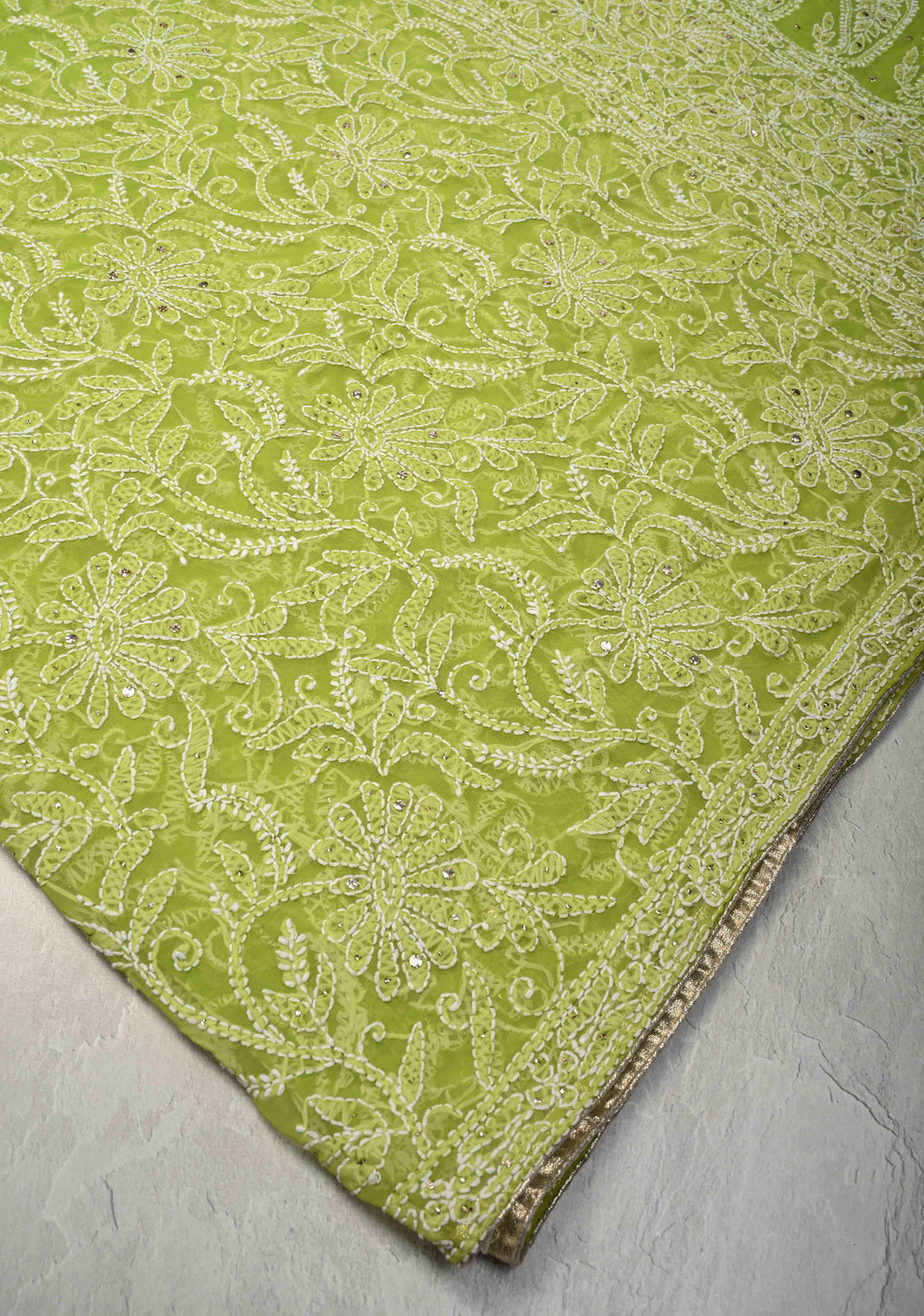 Light Olive Authentic Hand-Embroidered Full Jaal Chikankari Georgette Saree with Mukeish work