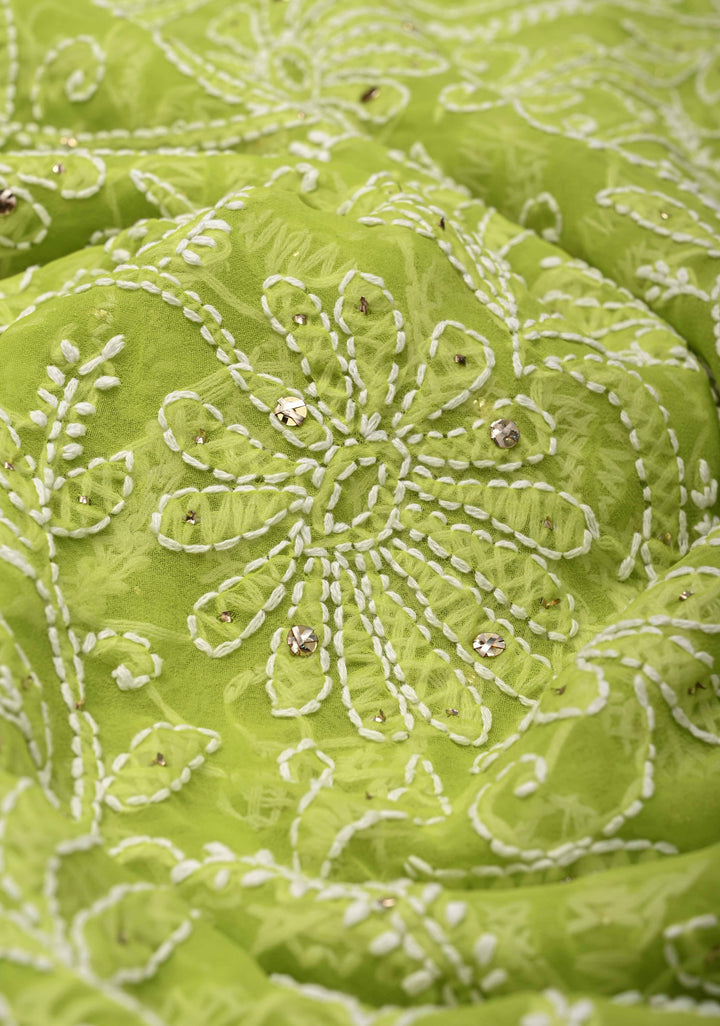 Light Olive Authentic Hand-Embroidered Full Jaal Chikankari Georgette Saree with Mukeish work