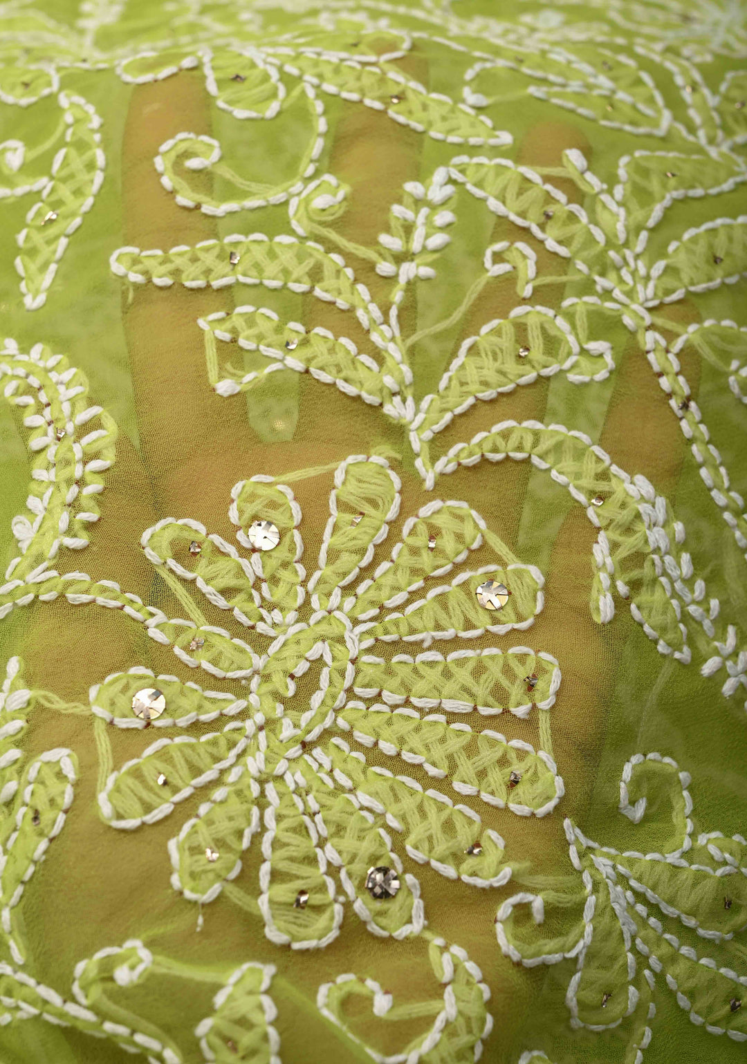 Light Olive Authentic Hand-Embroidered Full Jaal Chikankari Georgette Saree with Mukeish work