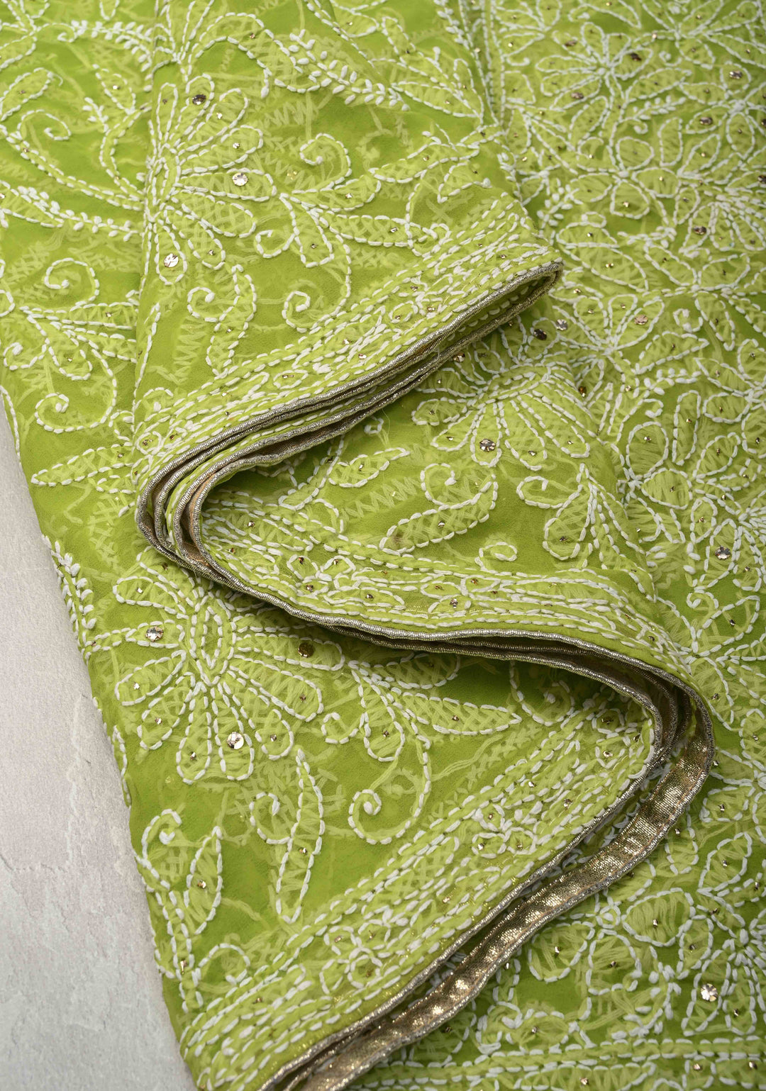Light Olive Authentic Hand-Embroidered Full Jaal Chikankari Georgette Saree with Mukeish work