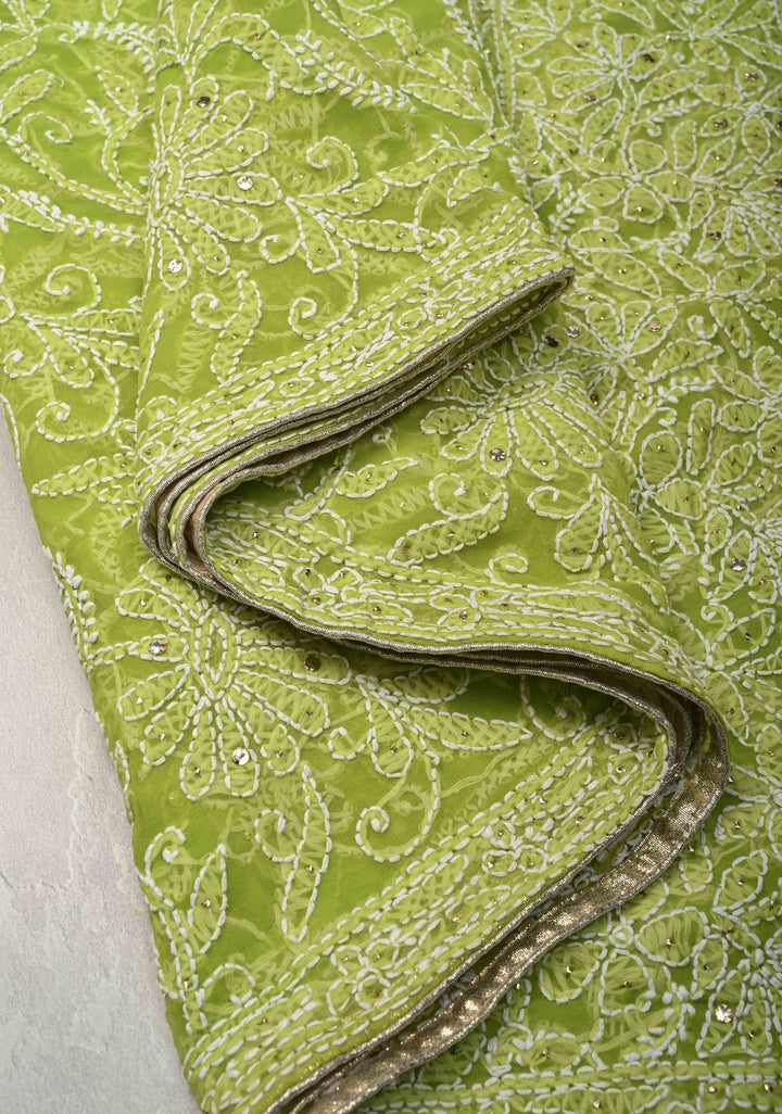 Light Olive Authentic Hand-Embroidered Full Jaal Chikankari Georgette Saree with Mukeish work