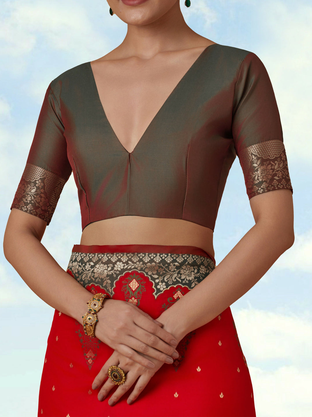 Red Semi Banarasi Silk Blend Saree with Zari Woven Work | SHOBITAM