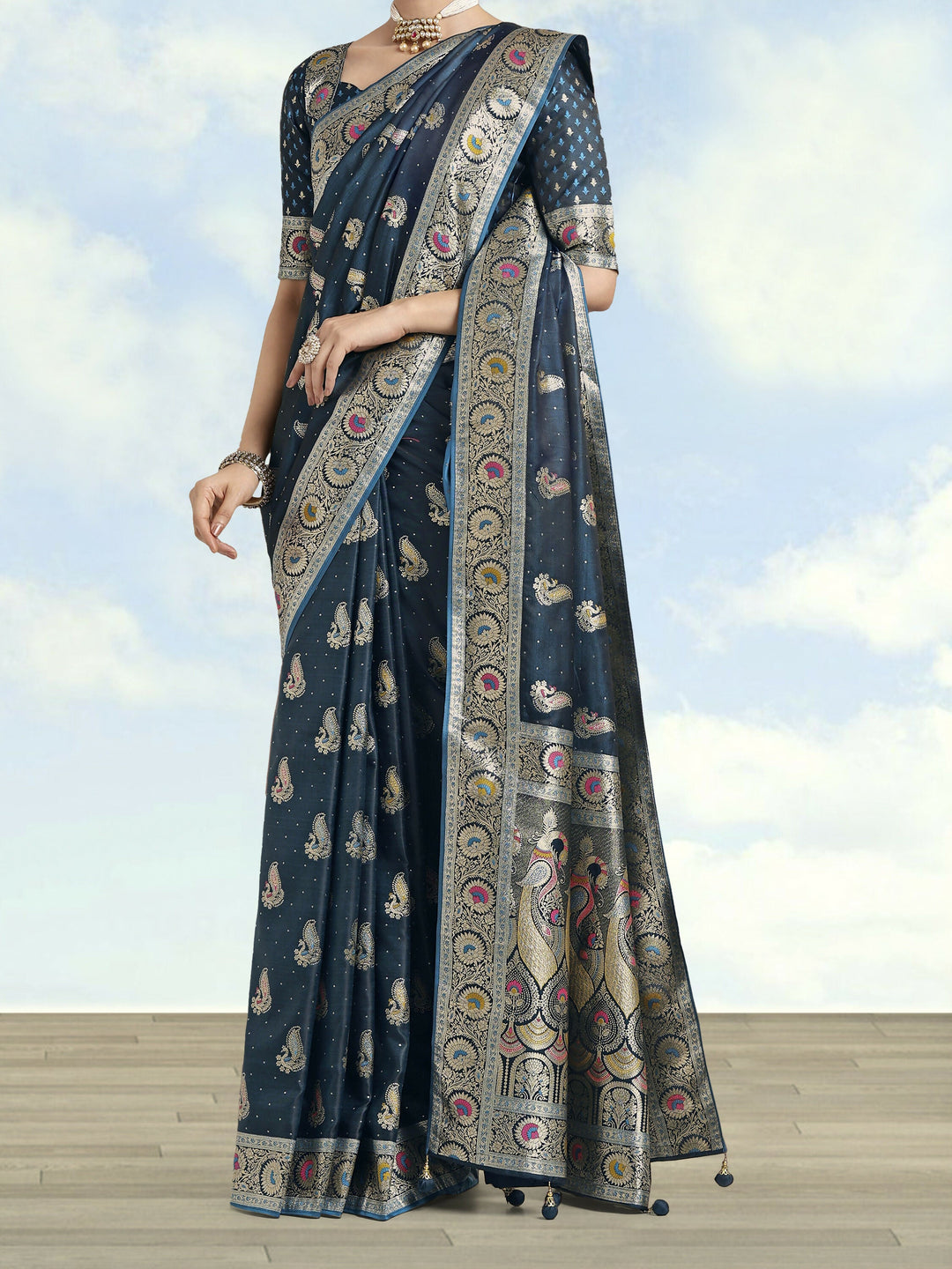 Teal Color Banarasi Satin Silk Zari Weaving Saree | SHOBITAM