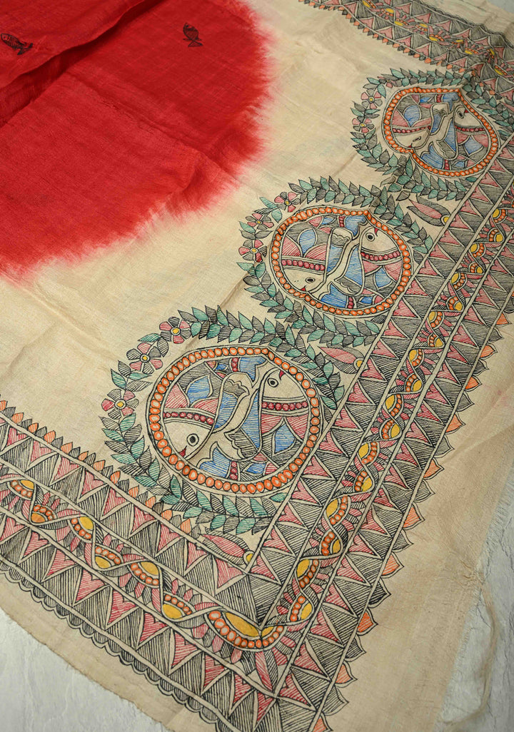 Dupatta :  Beige-Red Tussar Silk With  Shibori Dye and Hand Painted Madhubani Dupatta| SILK MARK CERTIFIED