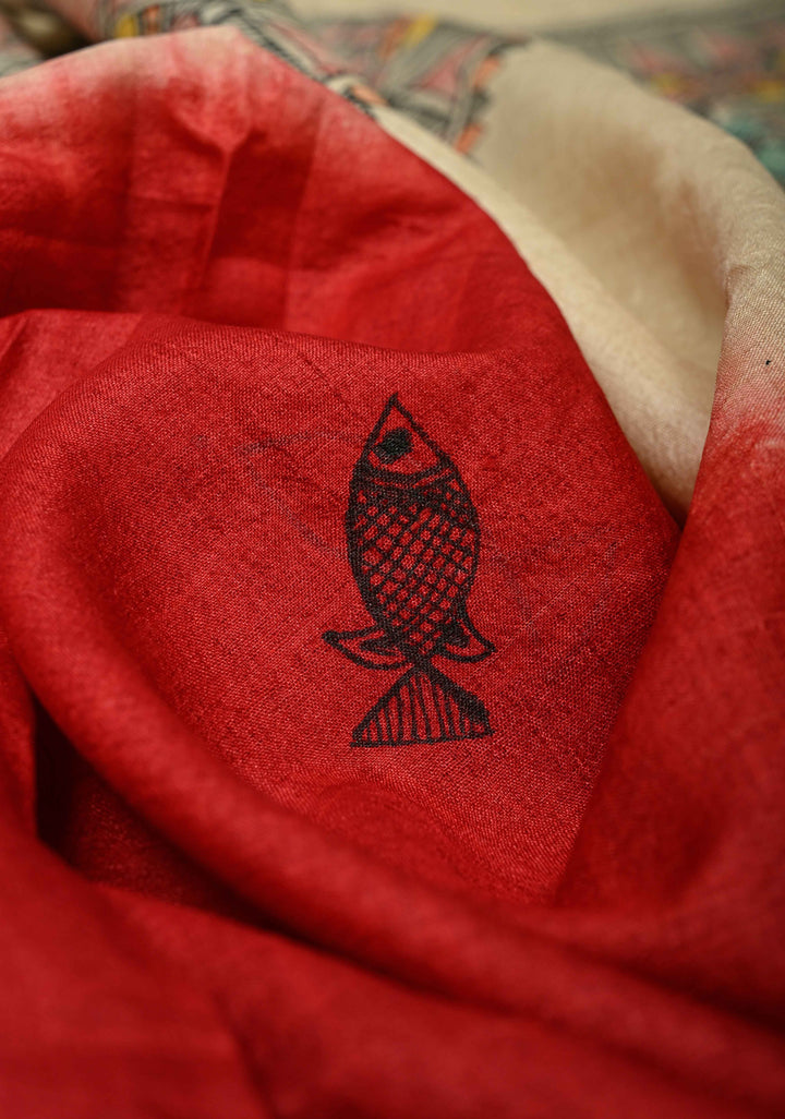 Dupatta :  Beige-Red Tussar Silk With  Shibori Dye and Hand Painted Madhubani Dupatta| SILK MARK CERTIFIED