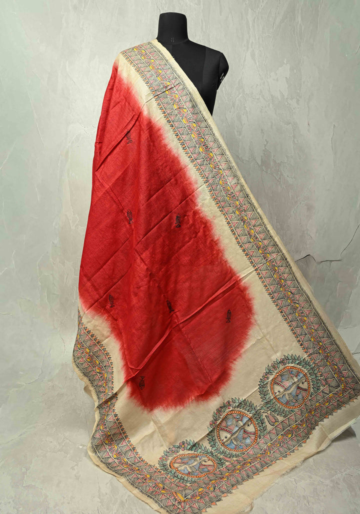 Dupatta :  Beige-Red Tussar Silk With  Shibori Dye and Hand Painted Madhubani Dupatta| SILK MARK CERTIFIED