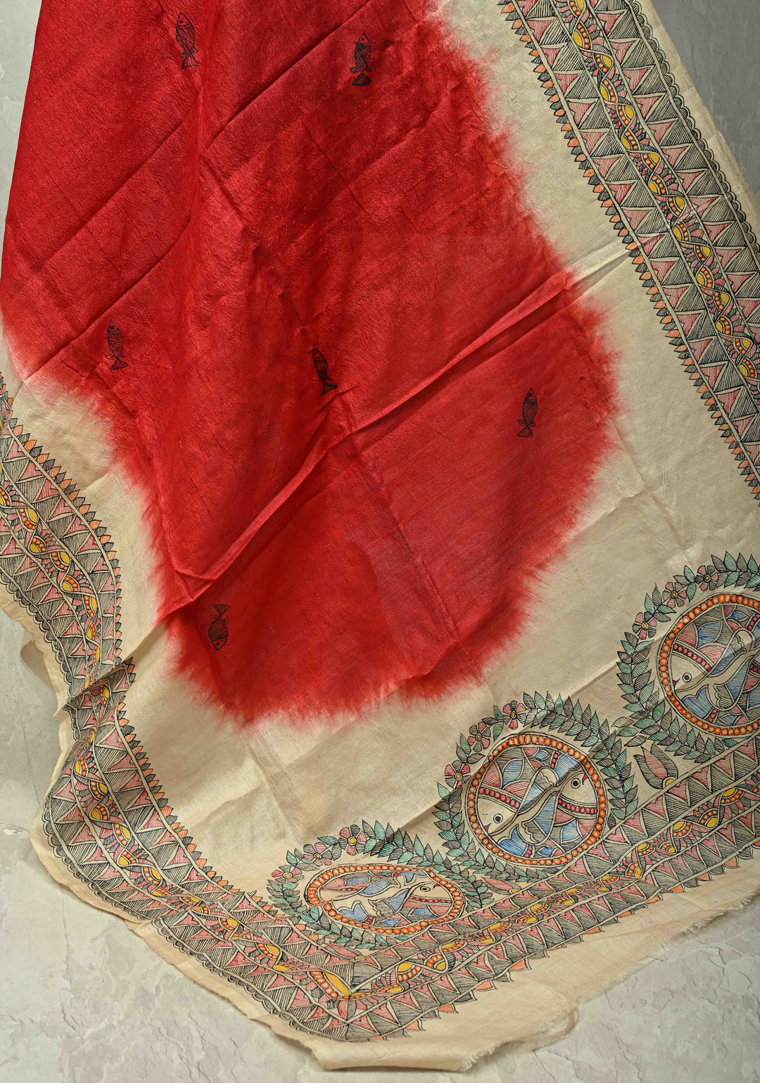 Dupatta :  Beige-Red Tussar Silk With  Shibori Dye and Hand Painted Madhubani Dupatta| SILK MARK CERTIFIED