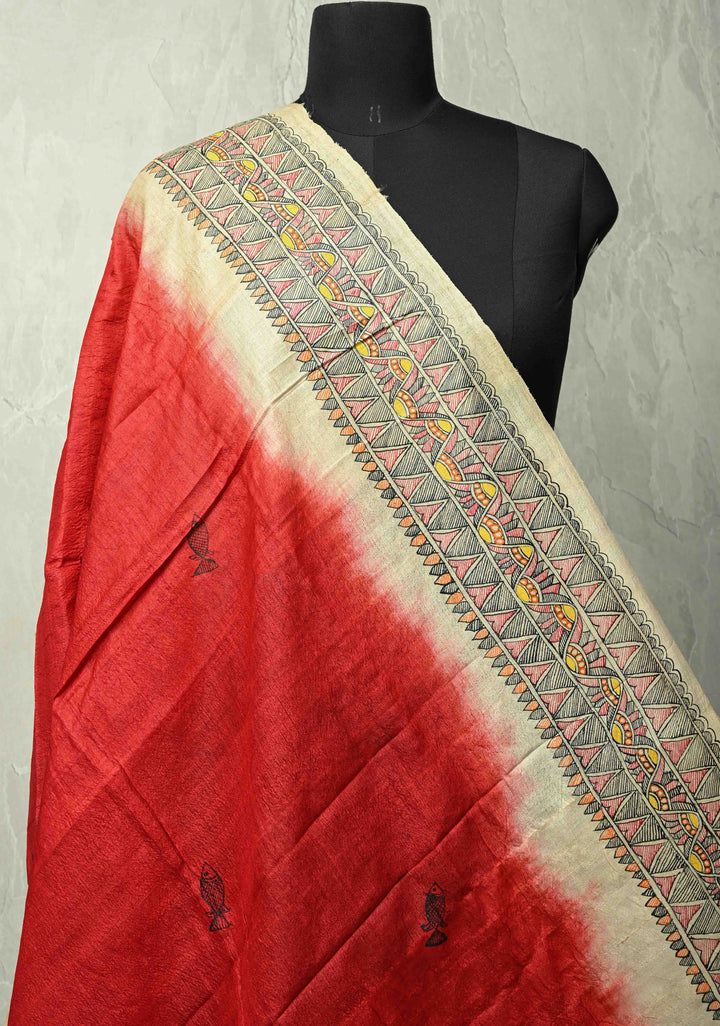 Dupatta :  Beige-Red Tussar Silk With  Shibori Dye and Hand Painted Madhubani Dupatta| SILK MARK CERTIFIED