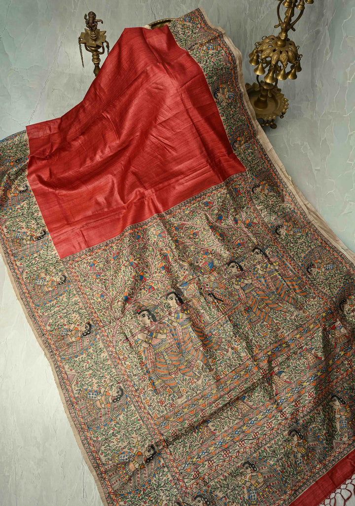 Red Handloom Tussar Silk saree with Hand Painted Madhubani Border | SILK MARK CERTIFIED