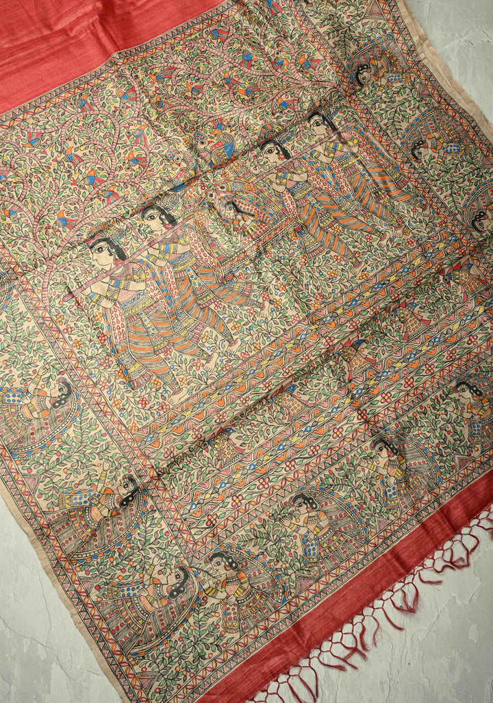 Red Handloom Tussar Silk saree with Hand Painted Madhubani Border | SILK MARK CERTIFIED