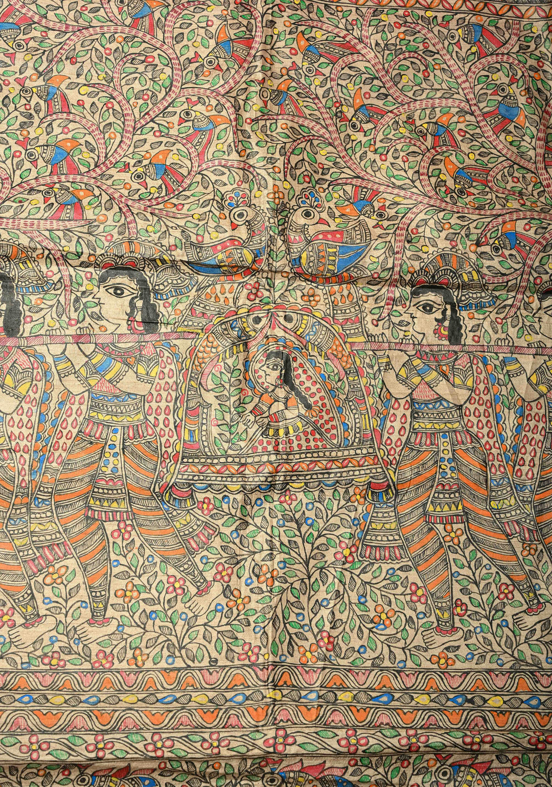 Red Handloom Tussar Silk saree with Hand Painted Madhubani Border | SILK MARK CERTIFIED