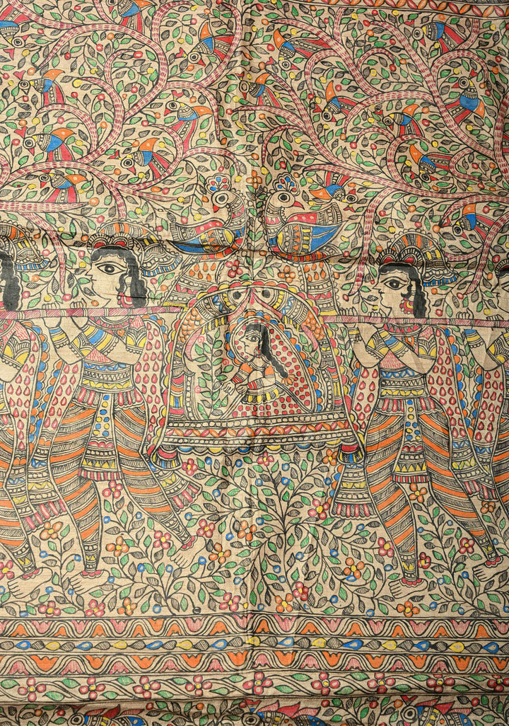 Red Handloom Tussar Silk saree with Hand Painted Madhubani Border | SILK MARK CERTIFIED