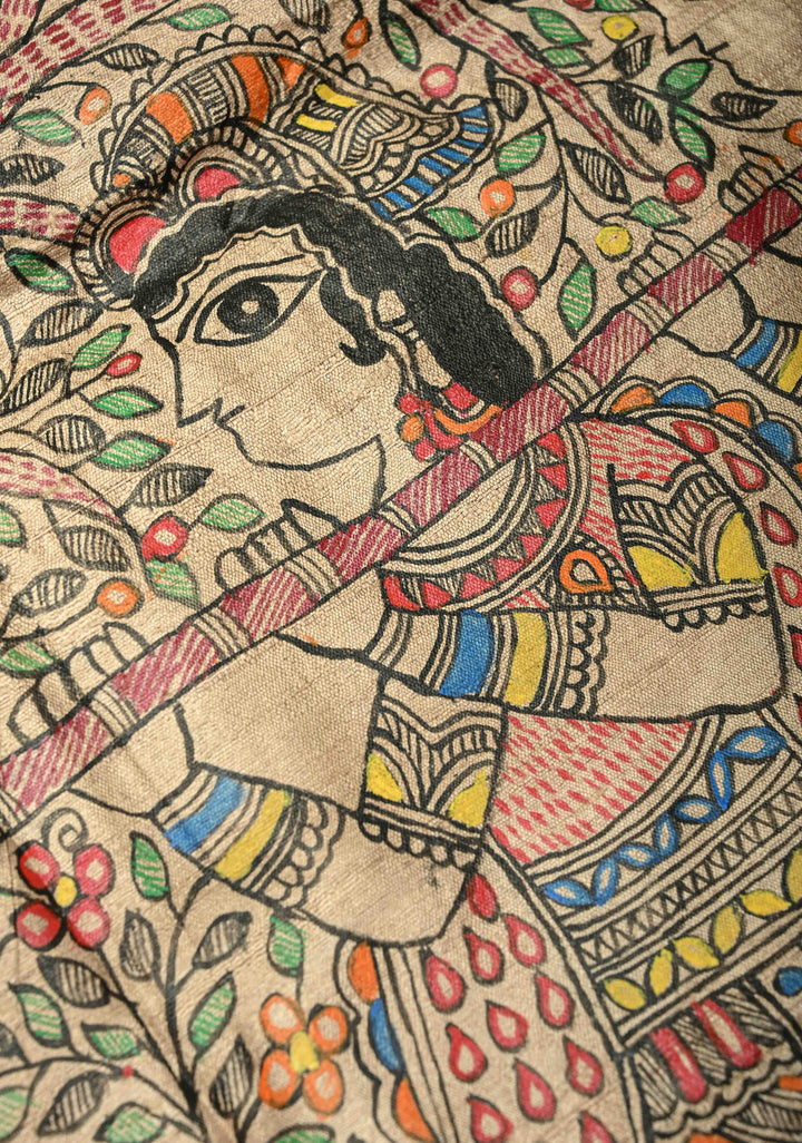 Red Handloom Tussar Silk saree with Hand Painted Madhubani Border | SILK MARK CERTIFIED