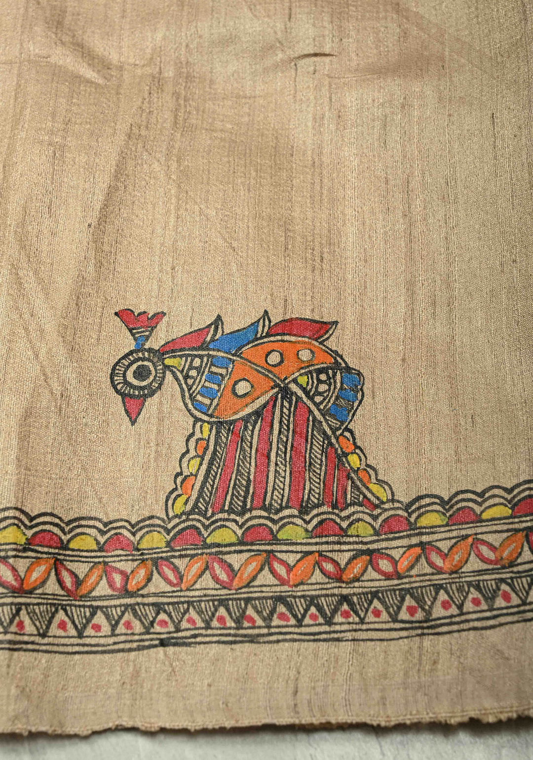 Red Handloom Tussar Silk saree with Hand Painted Madhubani Border | SILK MARK CERTIFIED