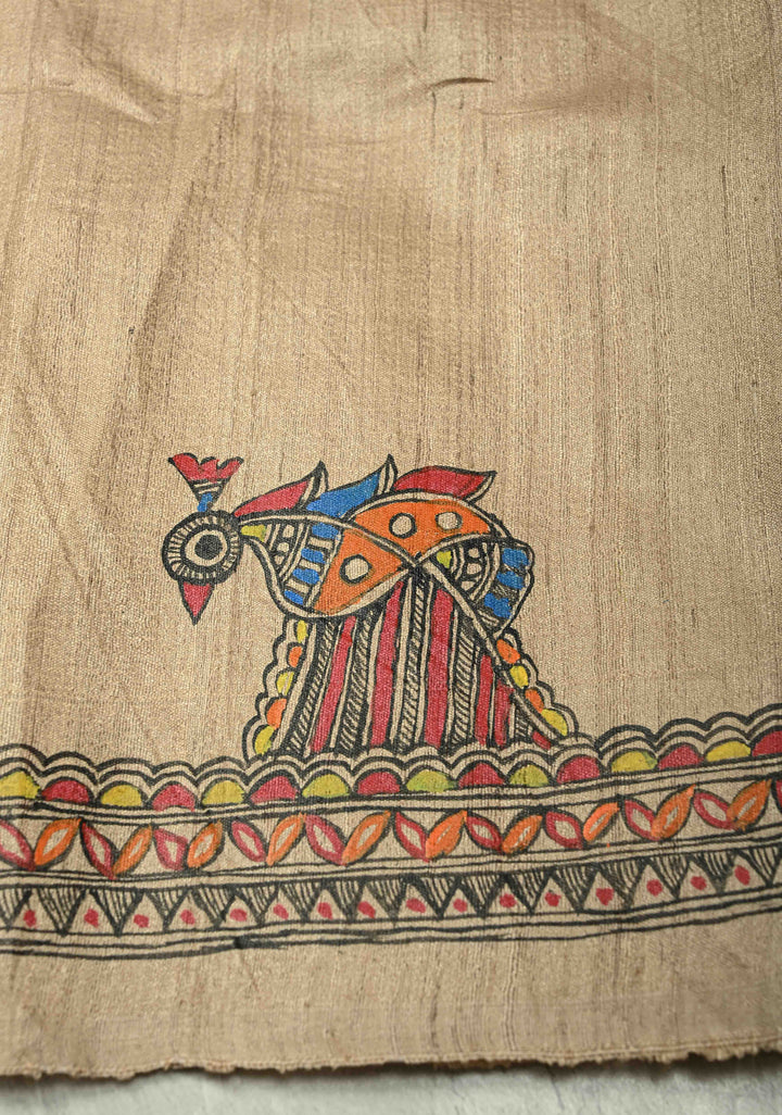 Red Handloom Tussar Silk saree with Hand Painted Madhubani Border | SILK MARK CERTIFIED