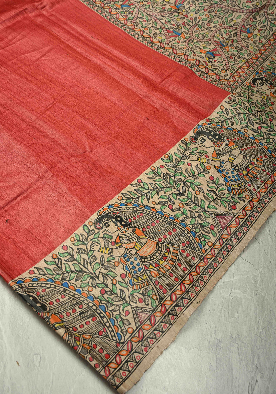 Red Handloom Tussar Silk saree with Hand Painted Madhubani Border | SILK MARK CERTIFIED