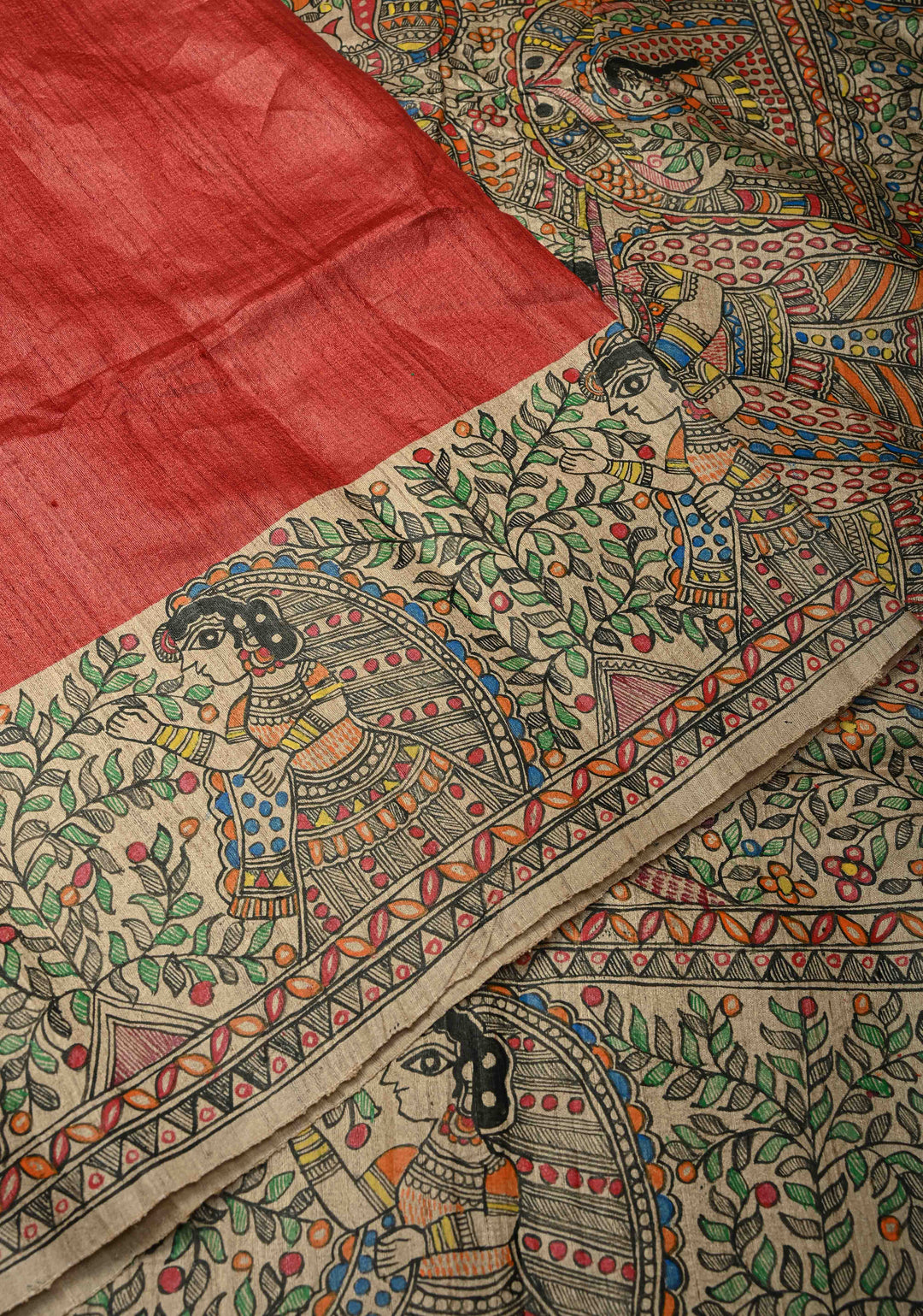 Red Handloom Tussar Silk saree with Hand Painted Madhubani Border | SILK MARK CERTIFIED