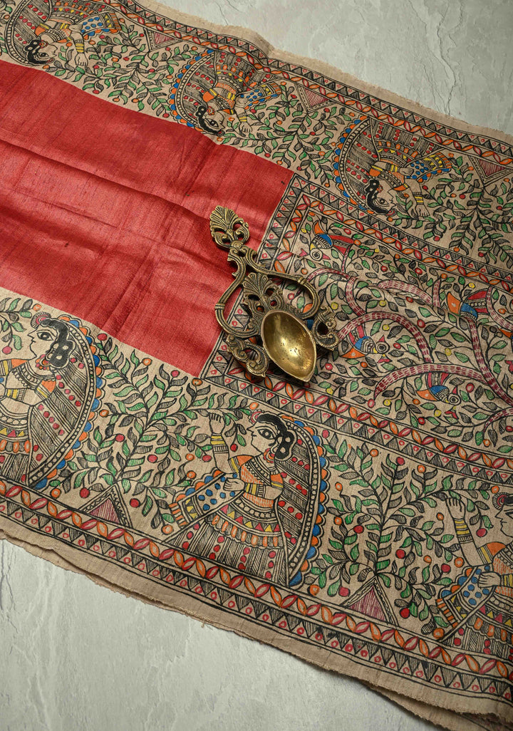 Red Handloom Tussar Silk saree with Hand Painted Madhubani Border | SILK MARK CERTIFIED