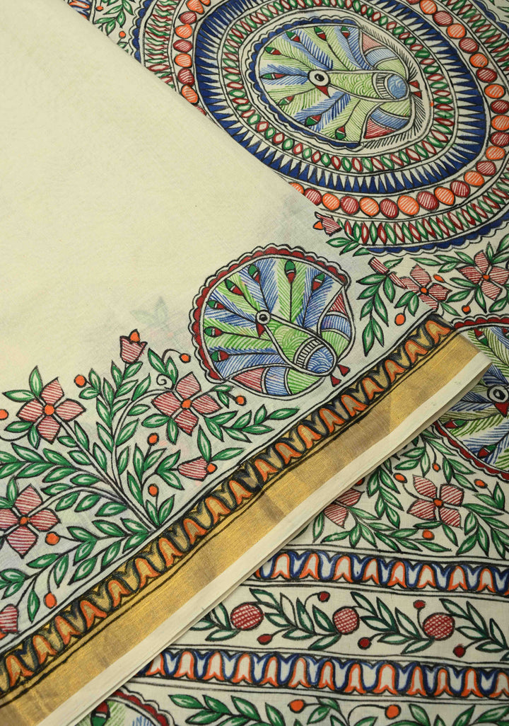 Off White Keral Cotton Saree with Madhubani Hand painted and Minimal Zari Border