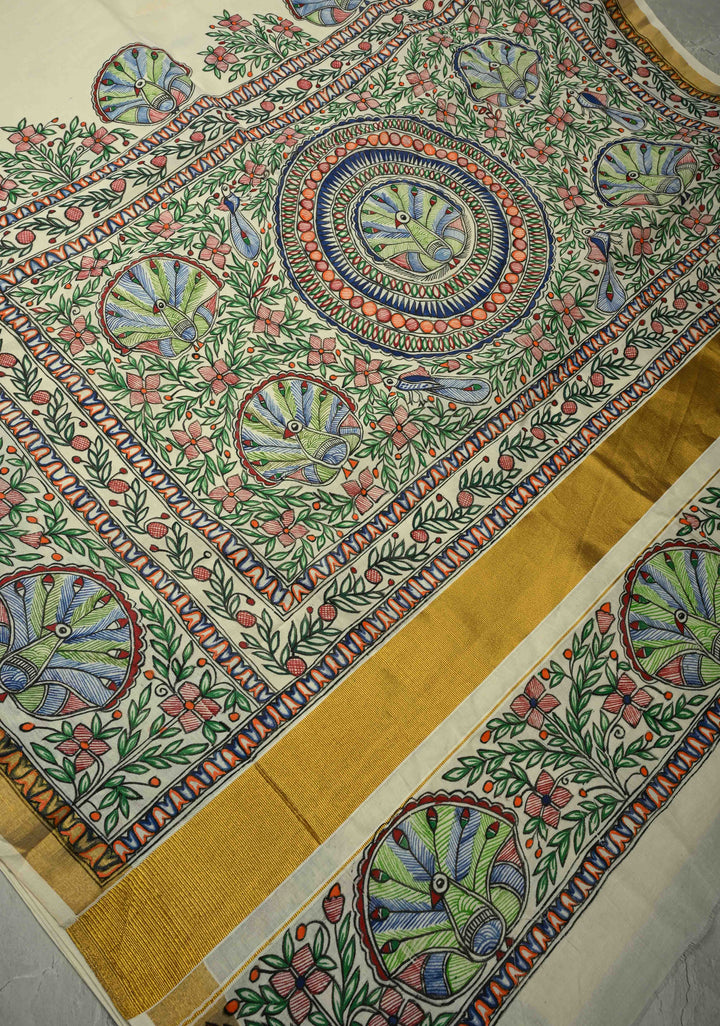 Off White Keral Cotton Saree with Madhubani Hand painted and Minimal Zari Border