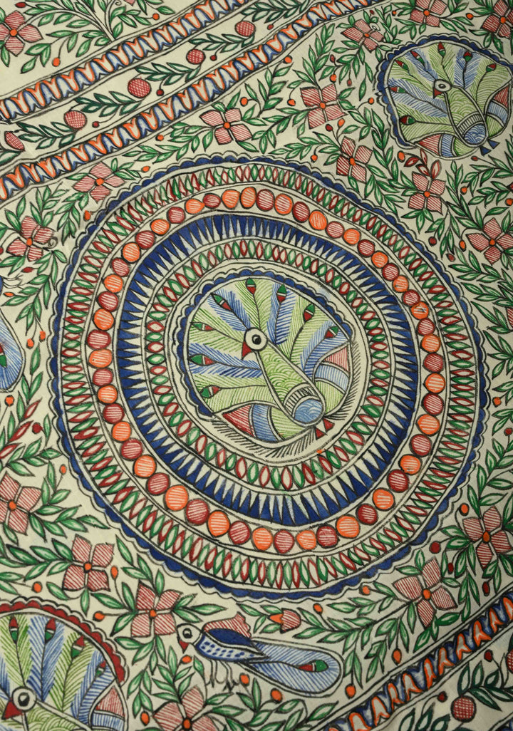 Off White Keral Cotton Saree with Madhubani Hand painted and Minimal Zari Border