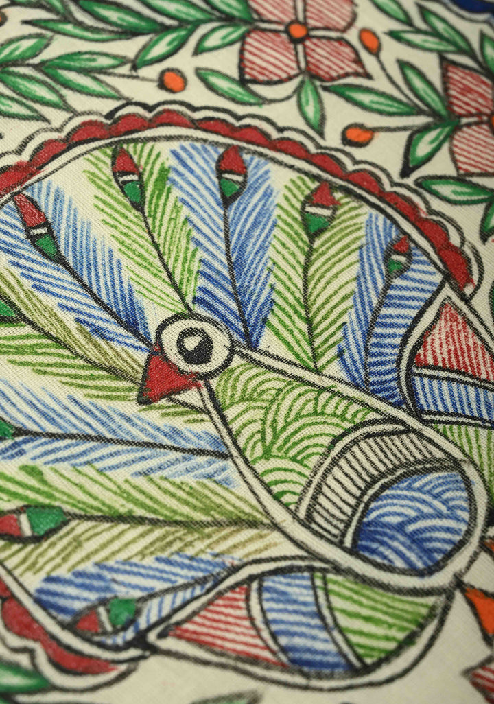 Off White Keral Cotton Saree with Madhubani Hand painted and Minimal Zari Border