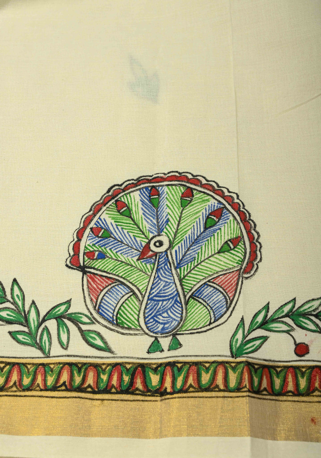 Off White Keral Cotton Saree with Madhubani Hand painted and Minimal Zari Border